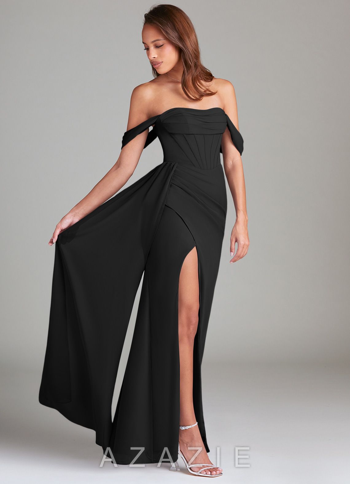Azazie Amyra Black Sheath Off the Shoulder Chiffon Convertible Dress black