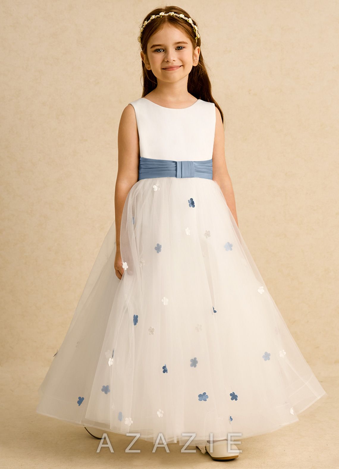 Azazie Cricket Ivory Dusty Blue Ball-Gown Pleated Matte Satin Dress ivory/dusty_blue