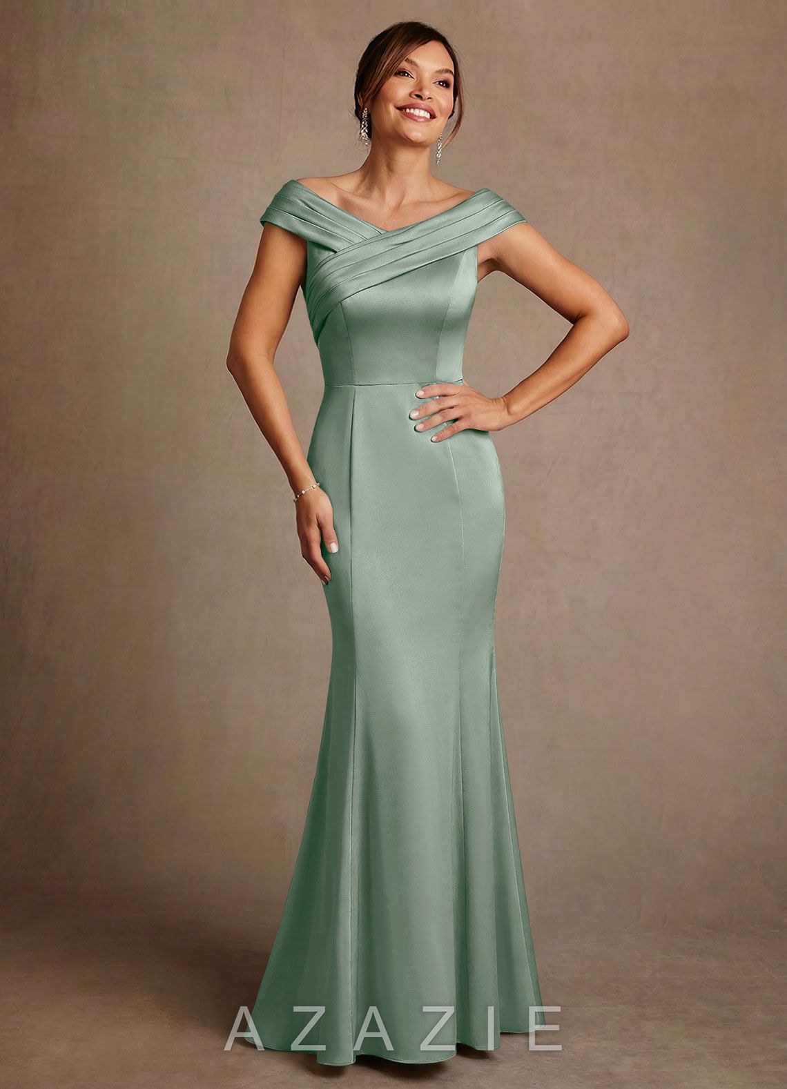 Azazie Aberdeen Agave Sheath Pleated Stretch Satin Dress