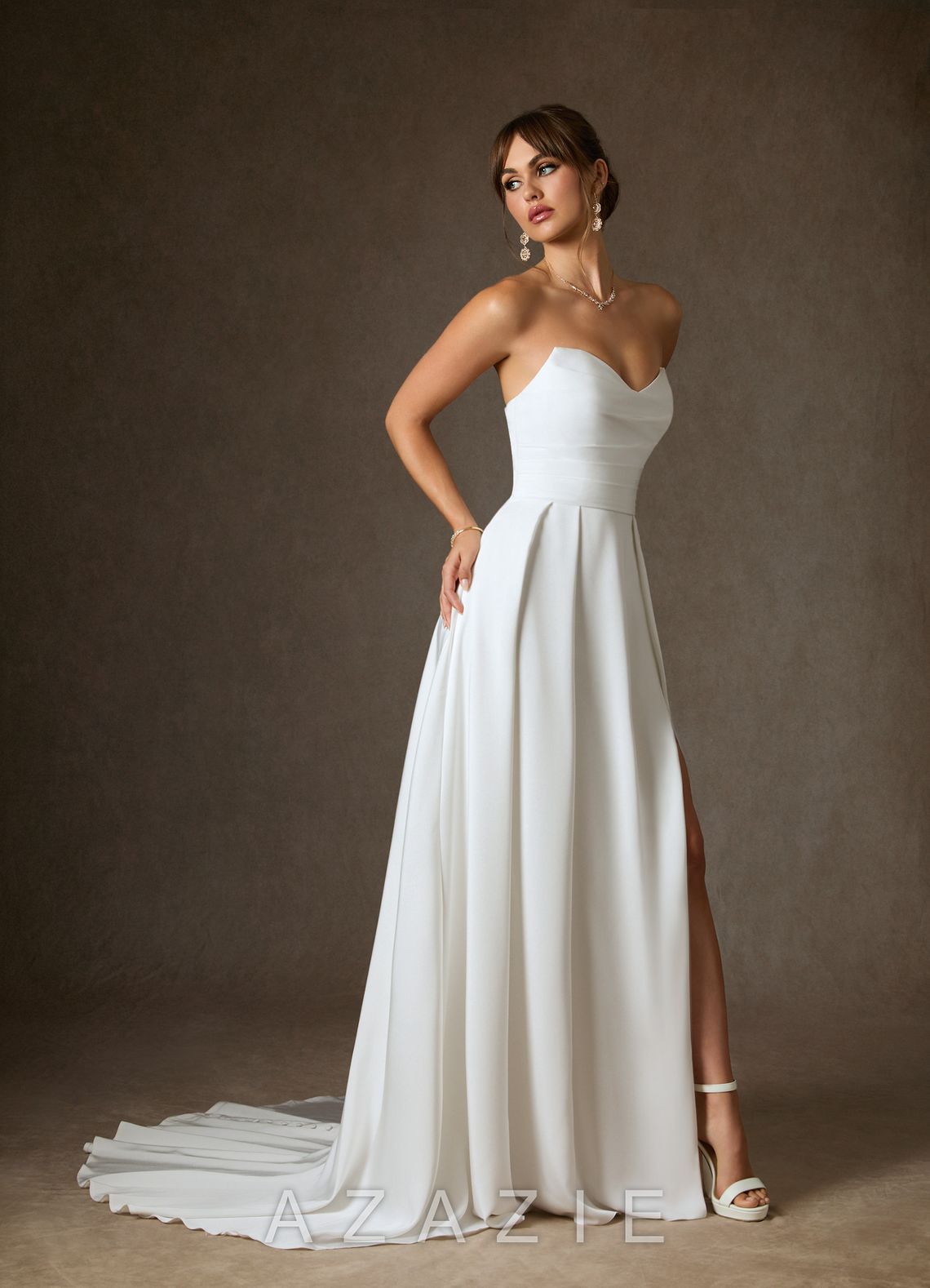 Azazie Marisela Wedding Dress Diamond White A-Line Sequins Crepe Back Satin Dress diamond_white