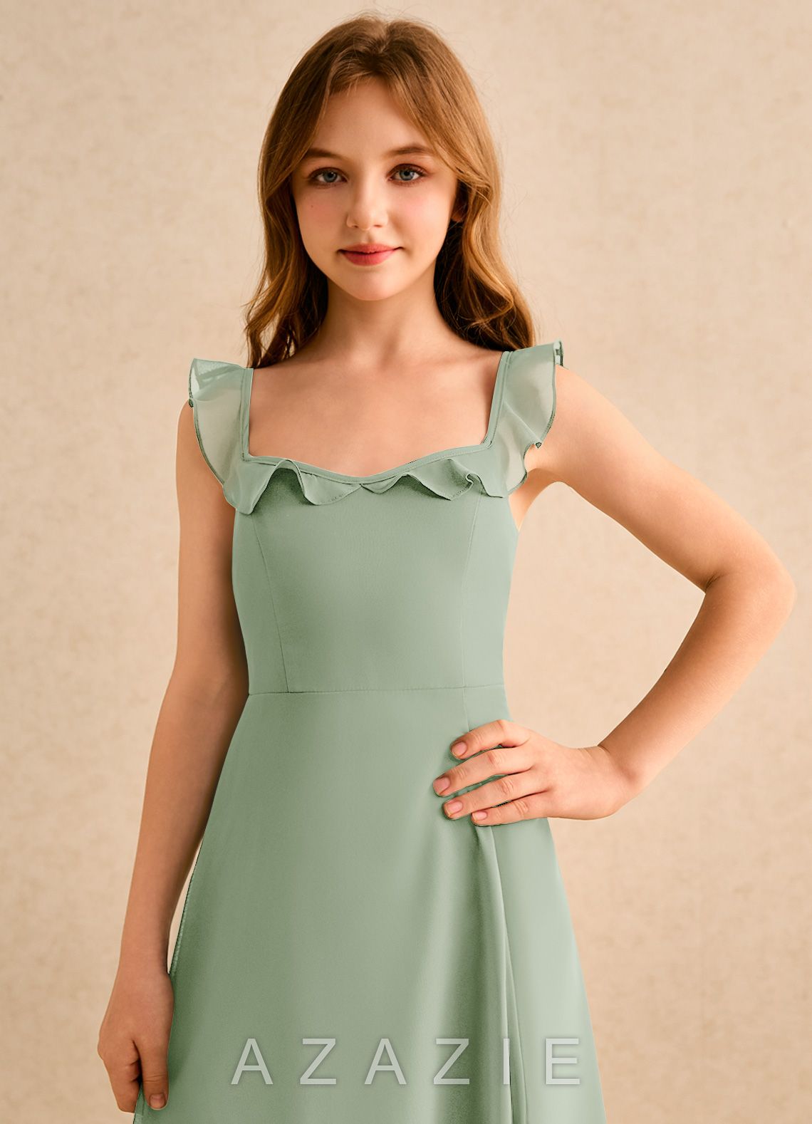 Azazie Chip Girls Formal Dusty Sage A-Line Sleeveless Chiffon Dress dusty_sage