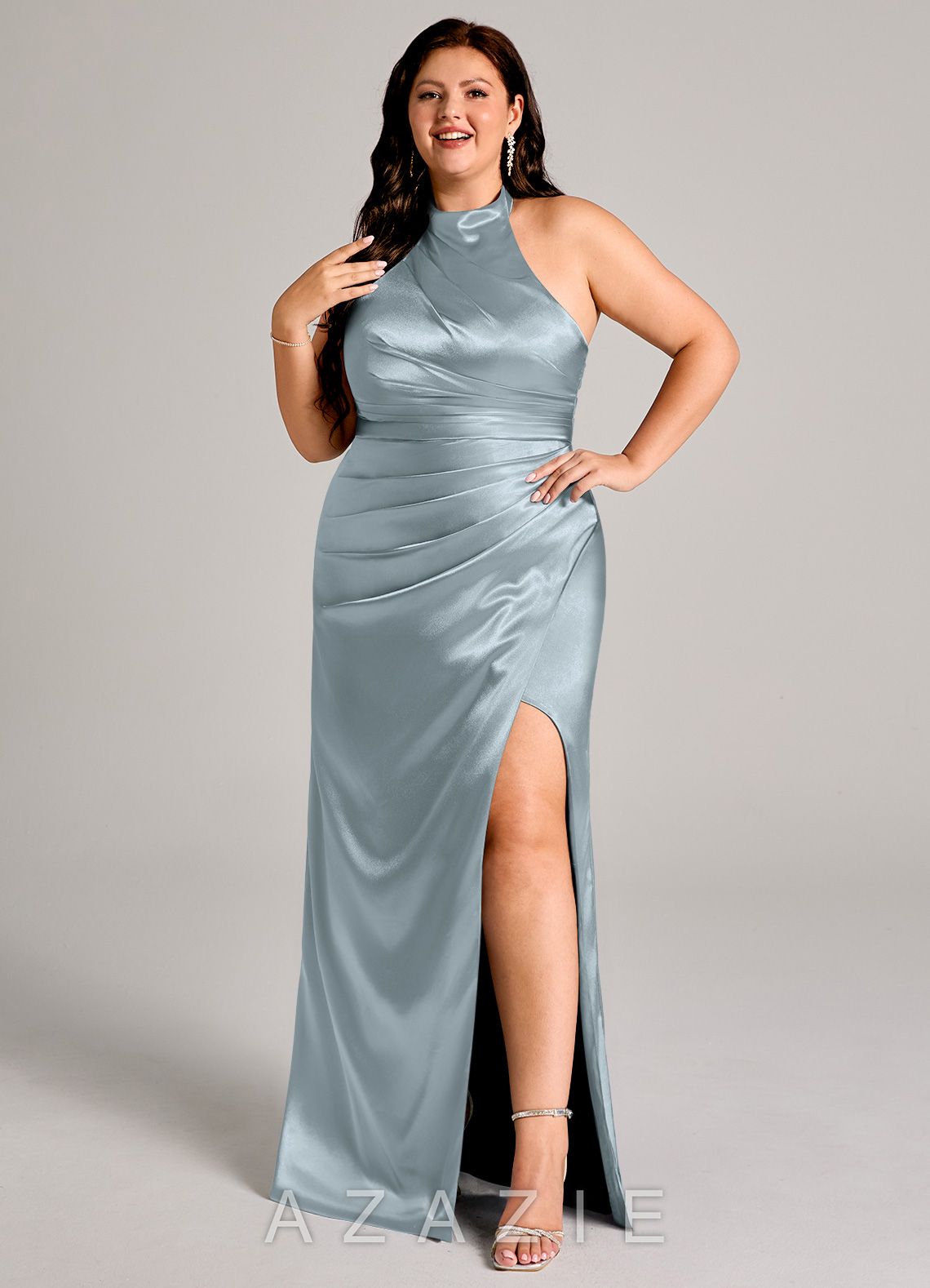 Azazie Jemma Dusty Blue Sheath Pleated Metallic Satin Dress dusty_blue
