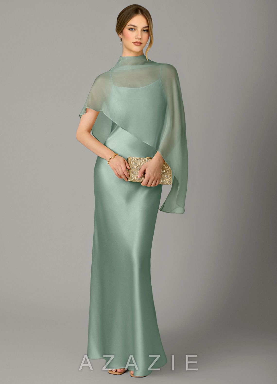 Azazie Jaleesa Agave Sheath High Neck Stretch Satin Dress agave