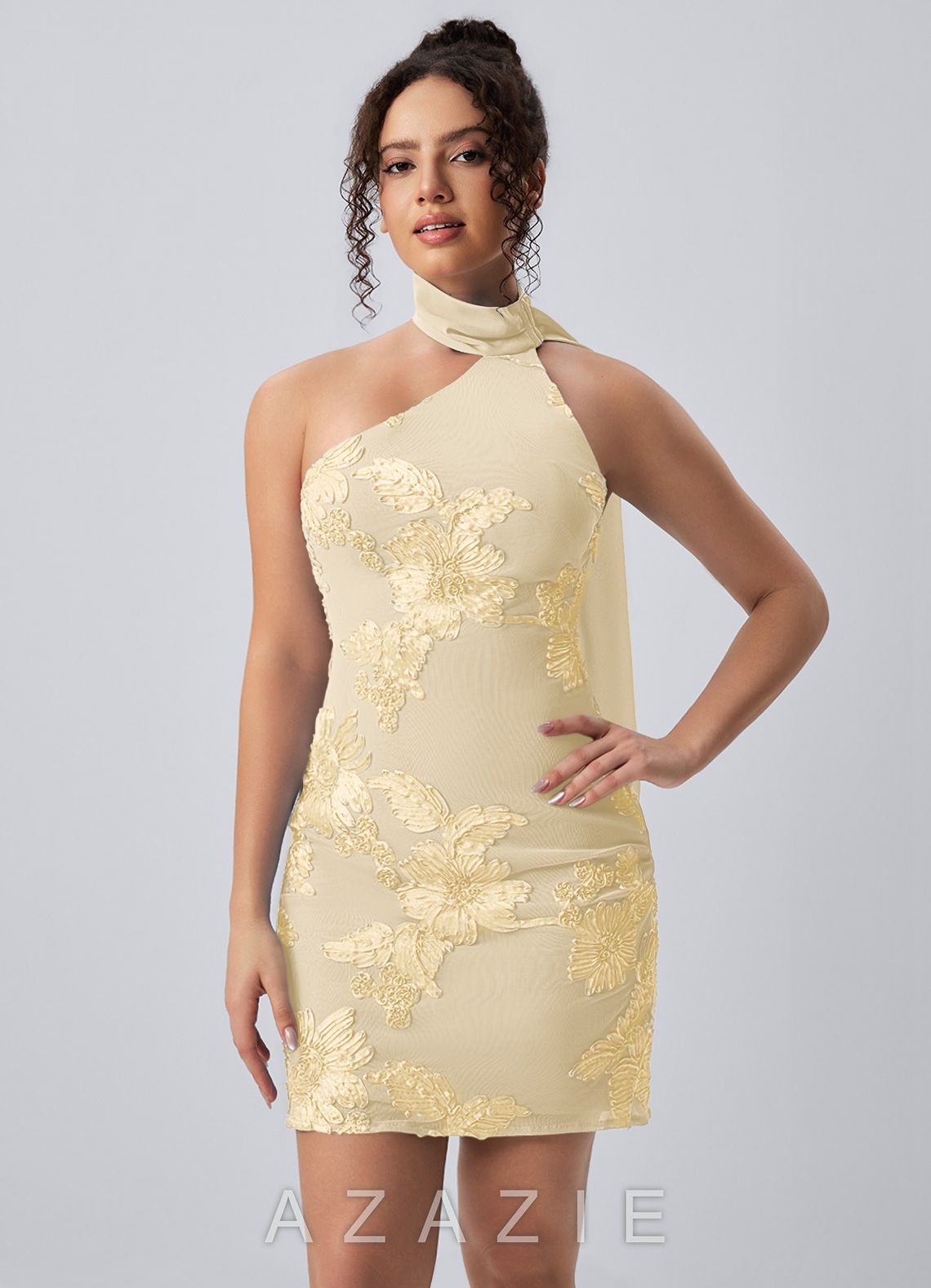 Helene Lemon Sorbet Halter 3D Floral Mesh Open Back Mini Dress