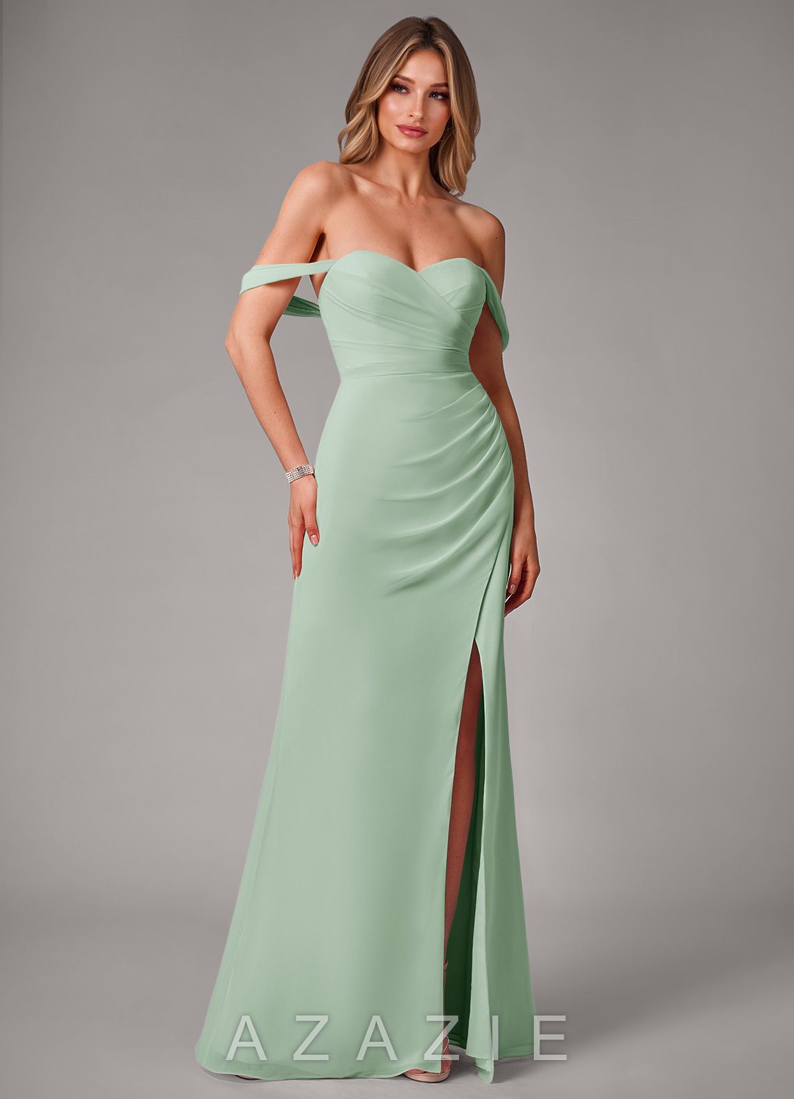 Azazie Haisley Agave Sheath Off the Shoulder Chiffon Convertible Dress agave
