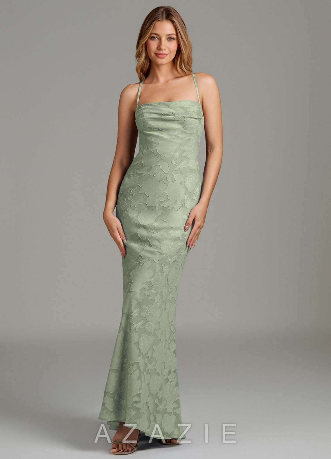 Azazie Ola Agave Mermaid Corset Floral Burnout Dress agave