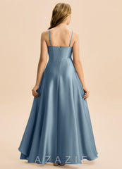 Azazie Eirlys Junior Dusty Blue A-Line Pleated Stretch Satin Dress dusty_blue