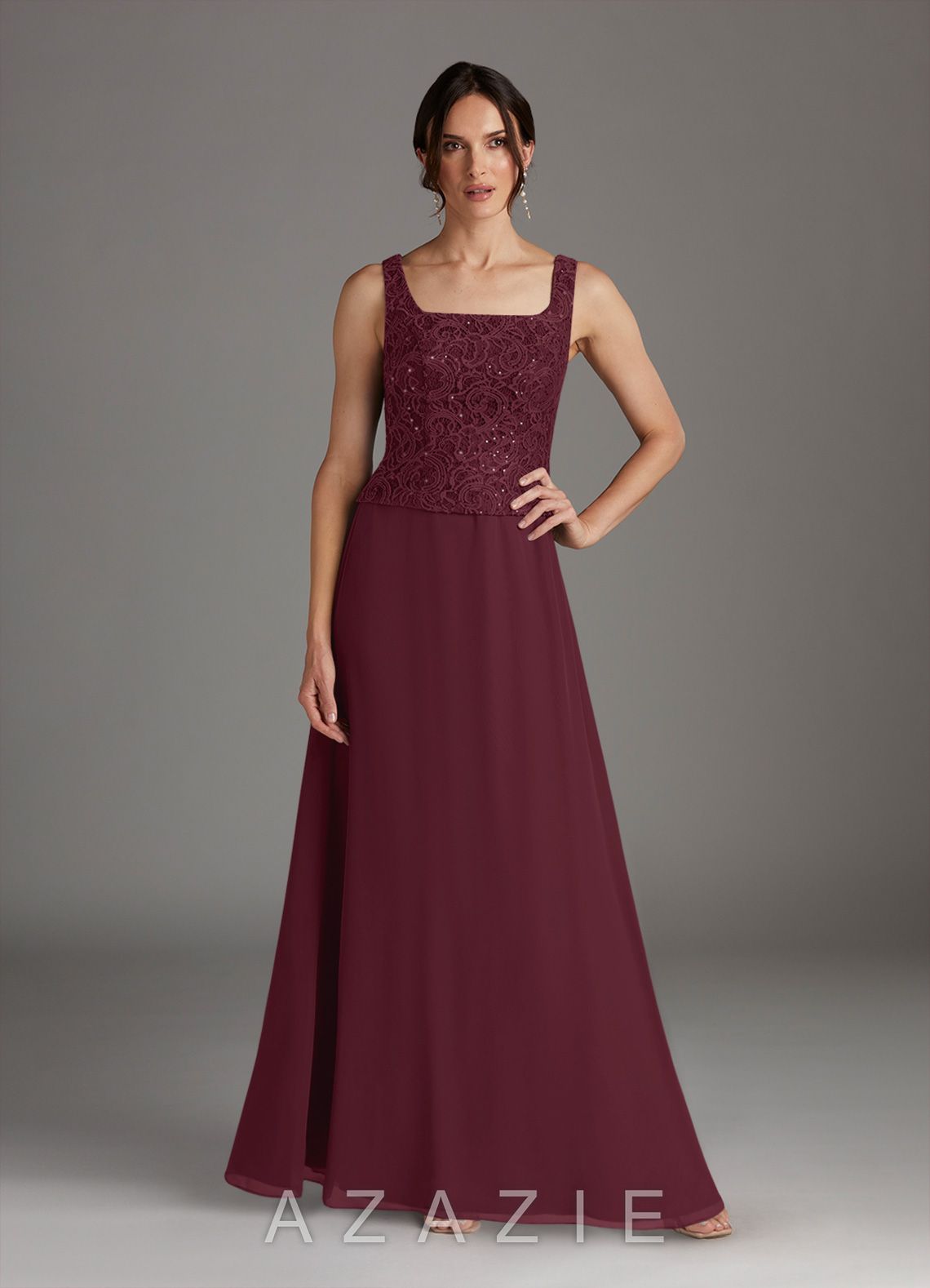 Azazie Cornelia Cabernet Sheath Square Neckline Sequins Chiffon Dress cabernet