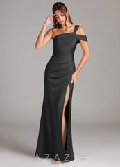 Azazie Wynter Black Sheath One Shoulder Stretch Satin Dress black