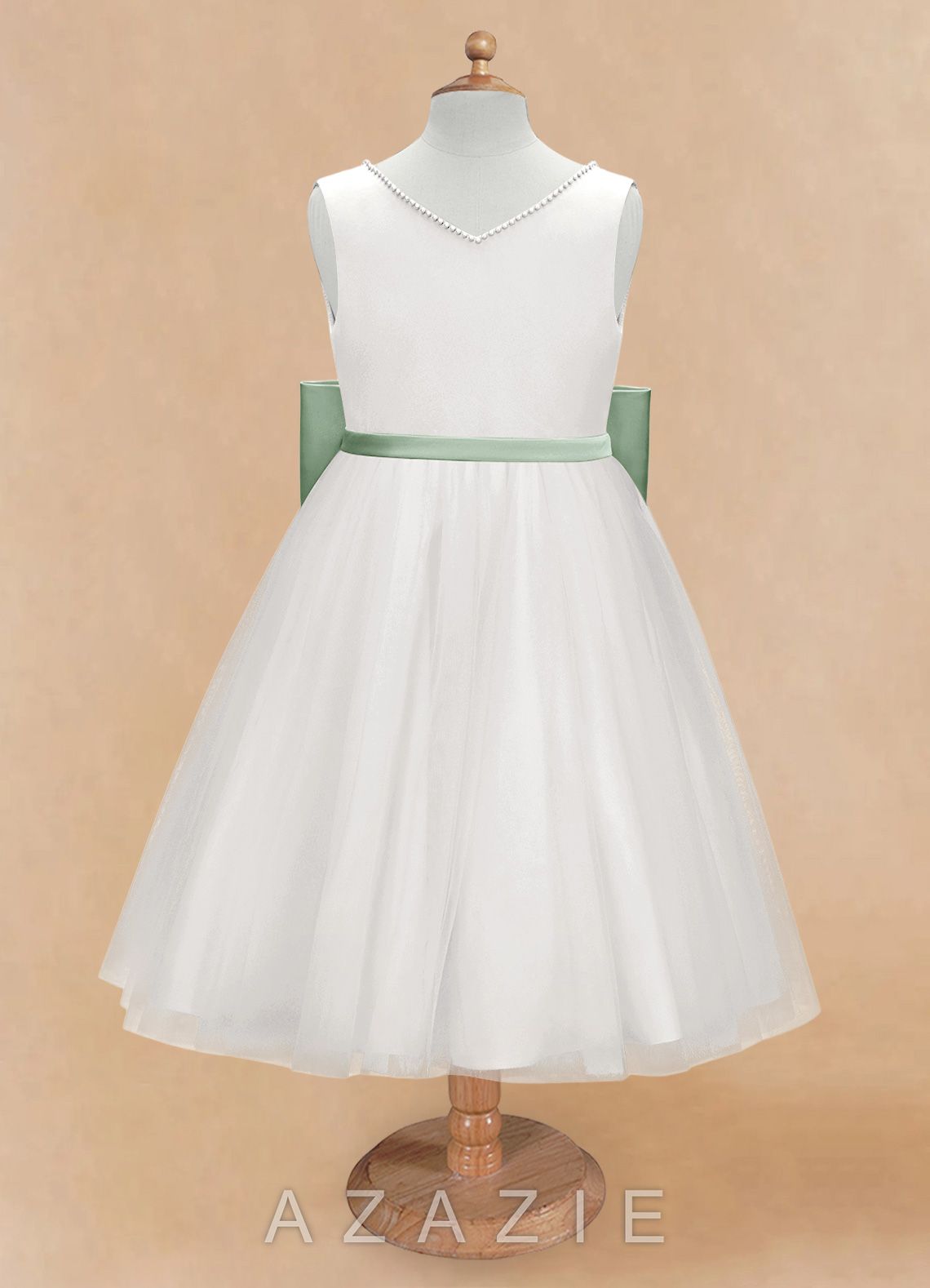 Azazie Seline Ivory Agave A-Line Bow Tulle Dress ivory/agave