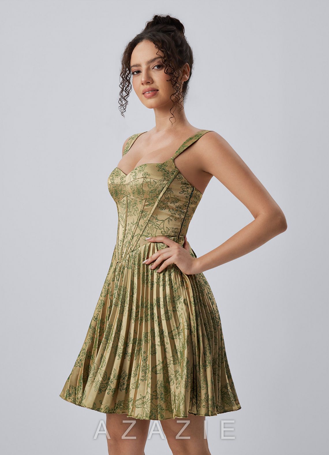 Jade Green Brown Spaghetti Strap Floral Pleated Lace-Up Mini Dress