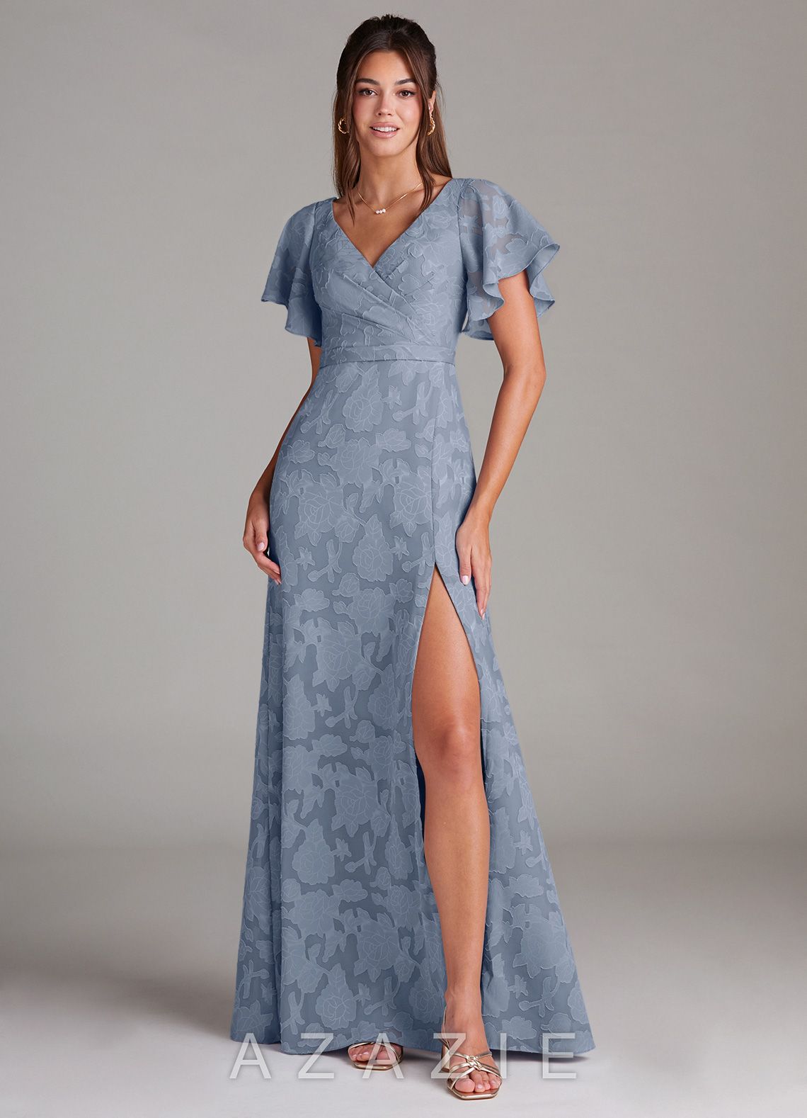 Azazie Ambrosia Dusty Blue A-Line Pleated Floral Burnout Dress