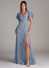 Azazie Ambrosia Dusty Blue A-Line Pleated Floral Burnout Dress