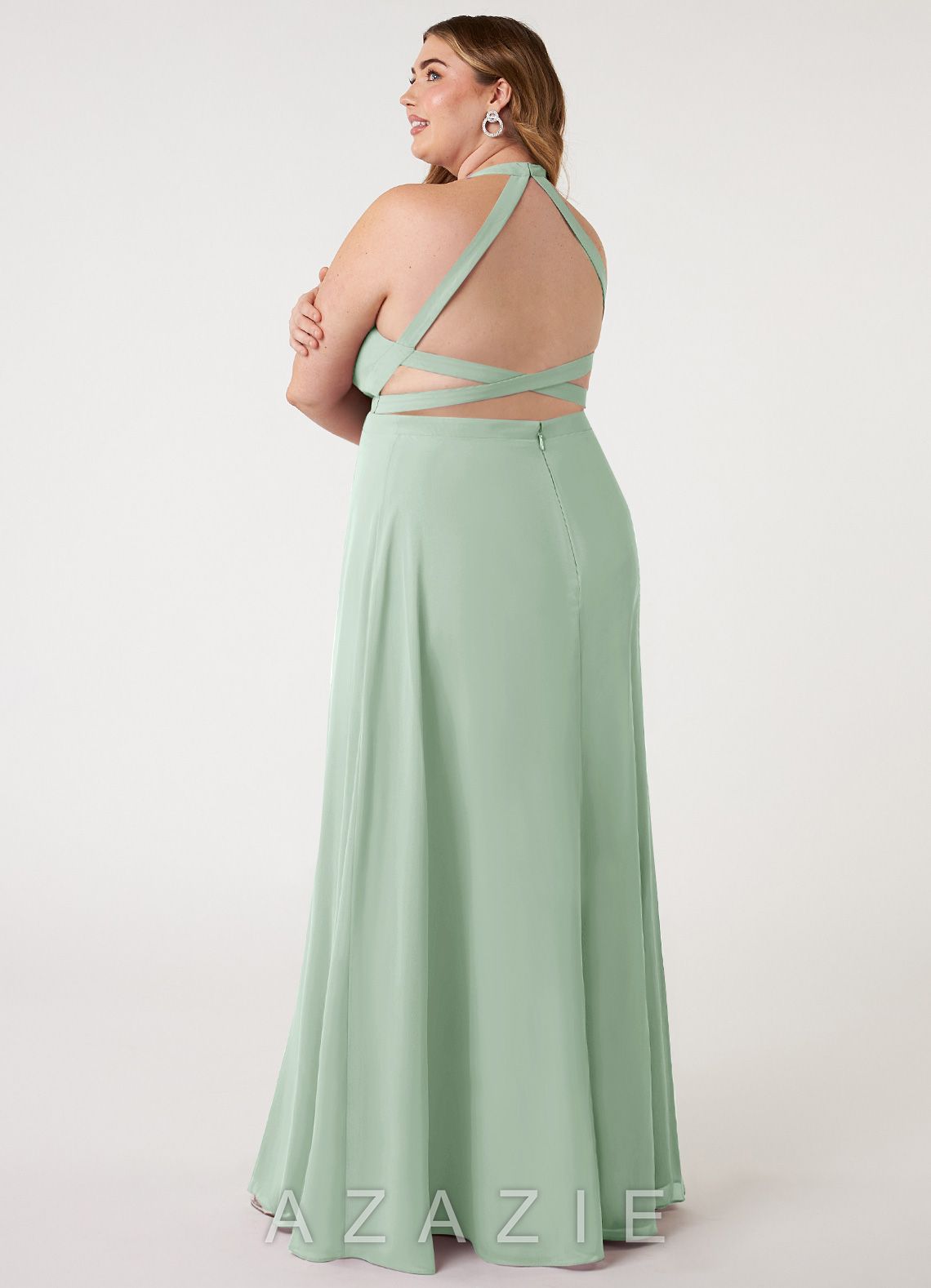 Azazie Clarice Agave A-Line Halter Chiffon Dress agave