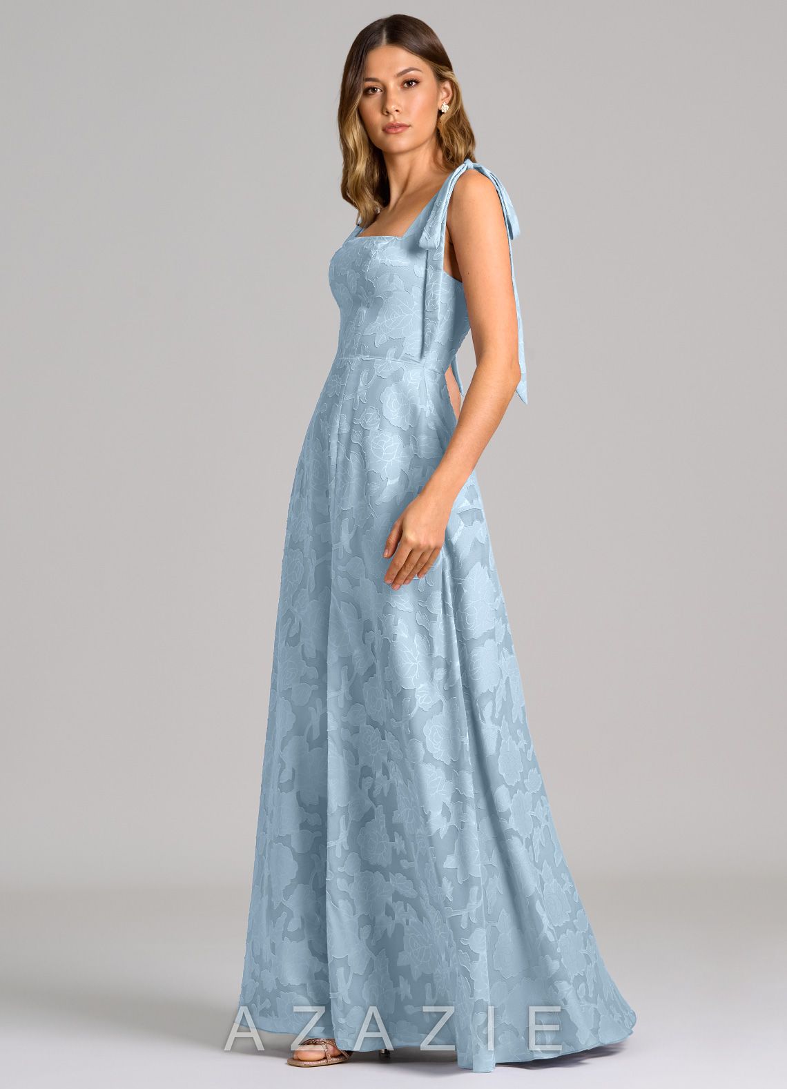 Azazie Debra Sky Blue A-Line with Pockets Floral Burnout Dress sky_blue