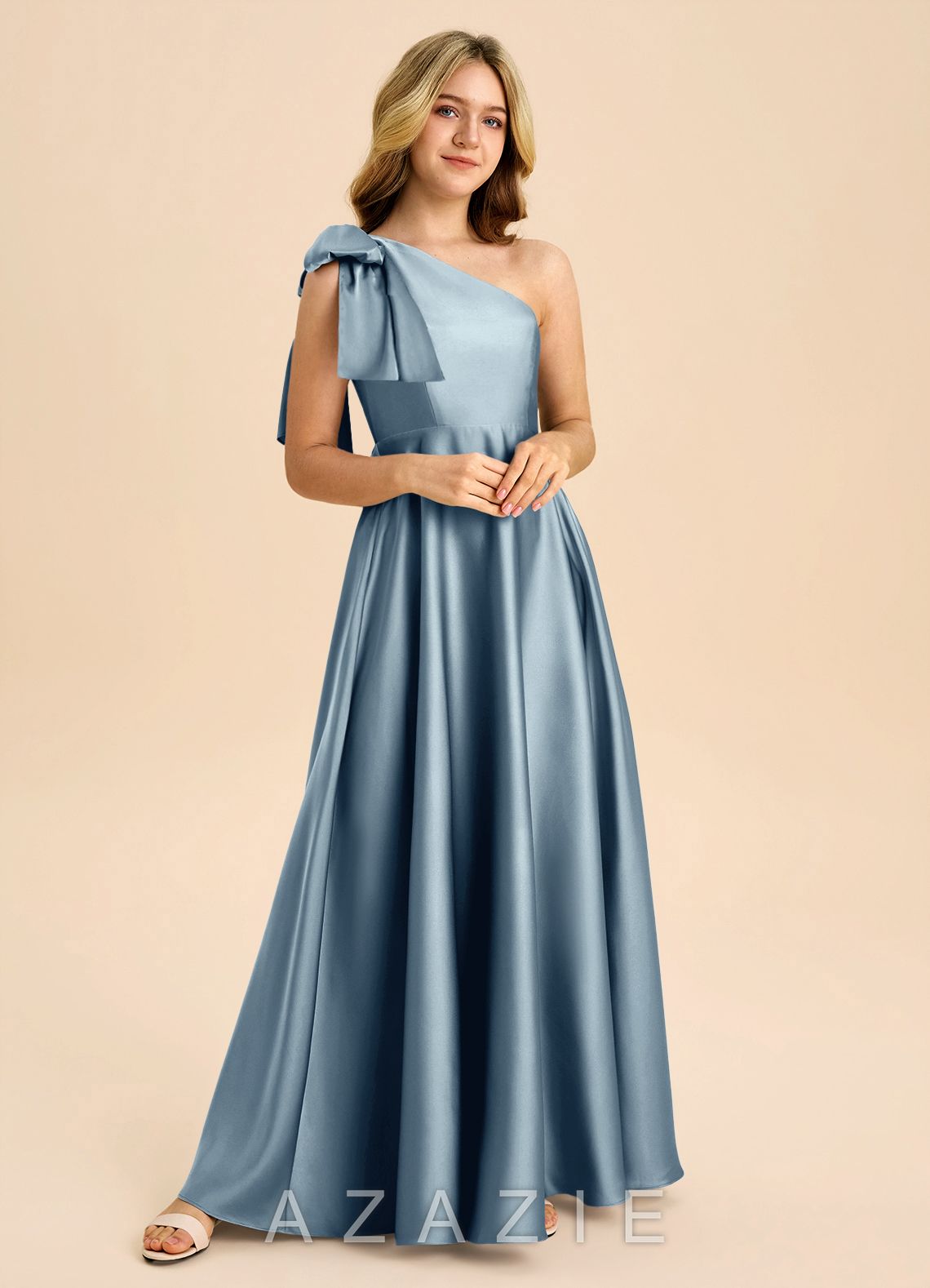 Azazie Penguin Junior Dusty Blue A-Line Bow Stretch Satin Dress dusty_blue