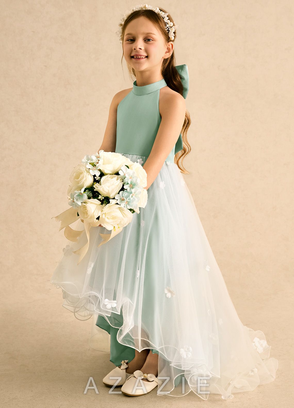 Azazie Cerra Agave A-Line Pleated Tulle Dress agave