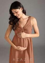 Azazie Yetta A-Line Pleated Stretch Satin Floor-Length Dress bronzer