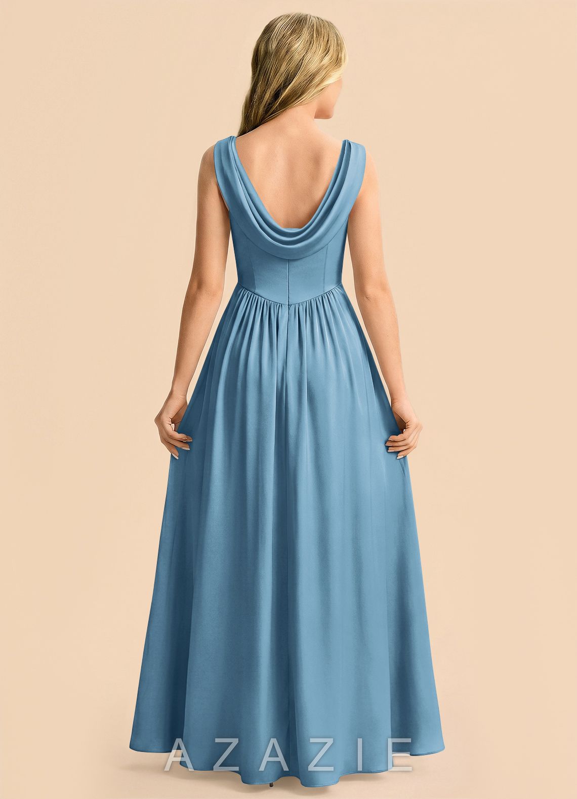 Azazie Novi Junior Steel Blue A-Line Pleated Stretch Satin Dress steel_blue