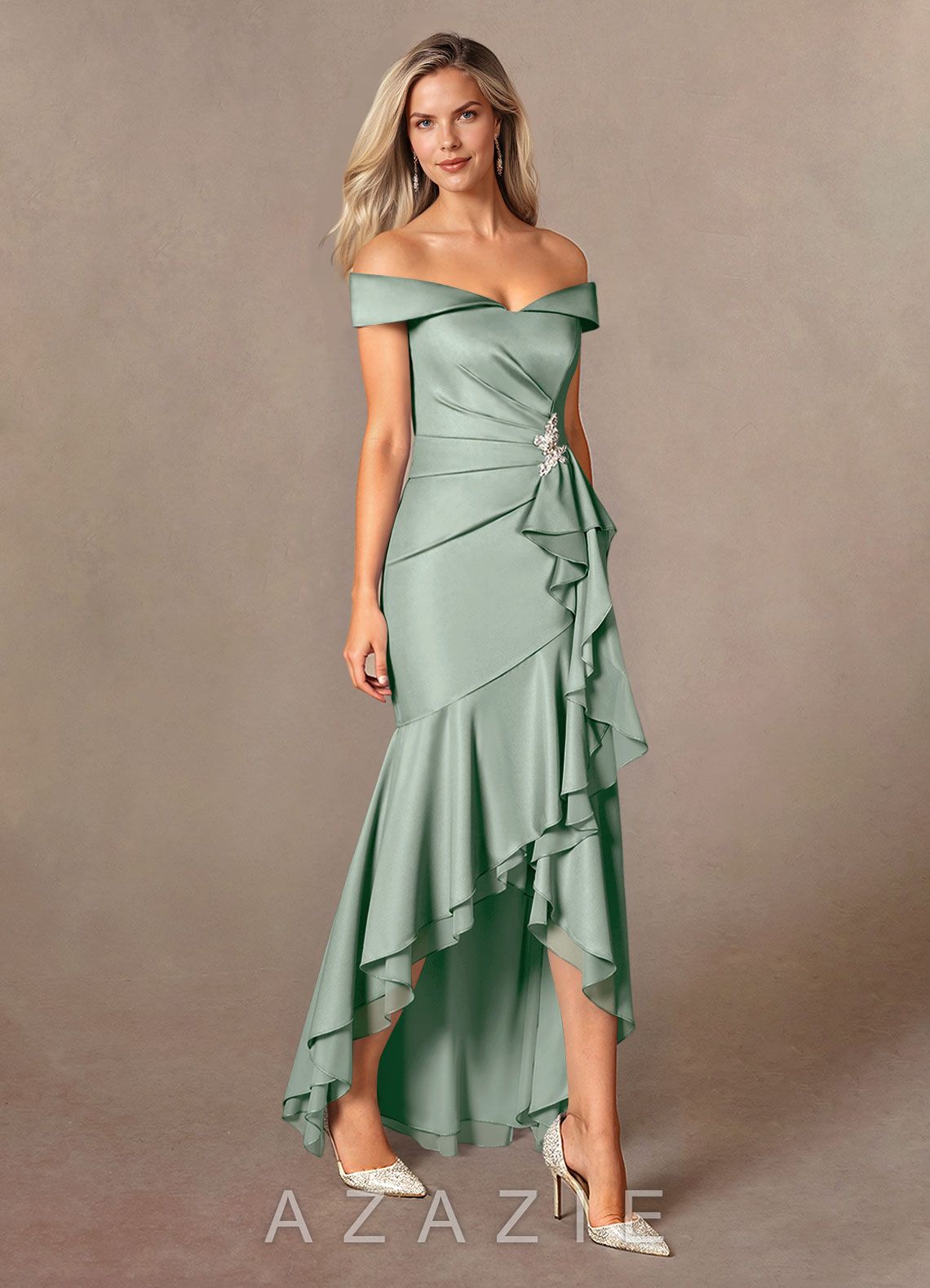 Azazie Billings Agave Mermaid Off the Shoulder Stretch Satin Dress agave
