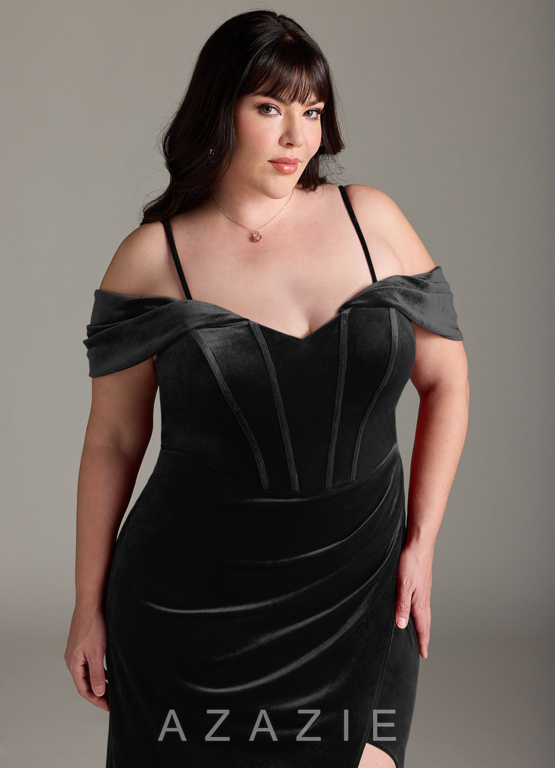 Azazie Jas Black Sheath Off-The-Shoulder Corset Velvet Convertible Dress black