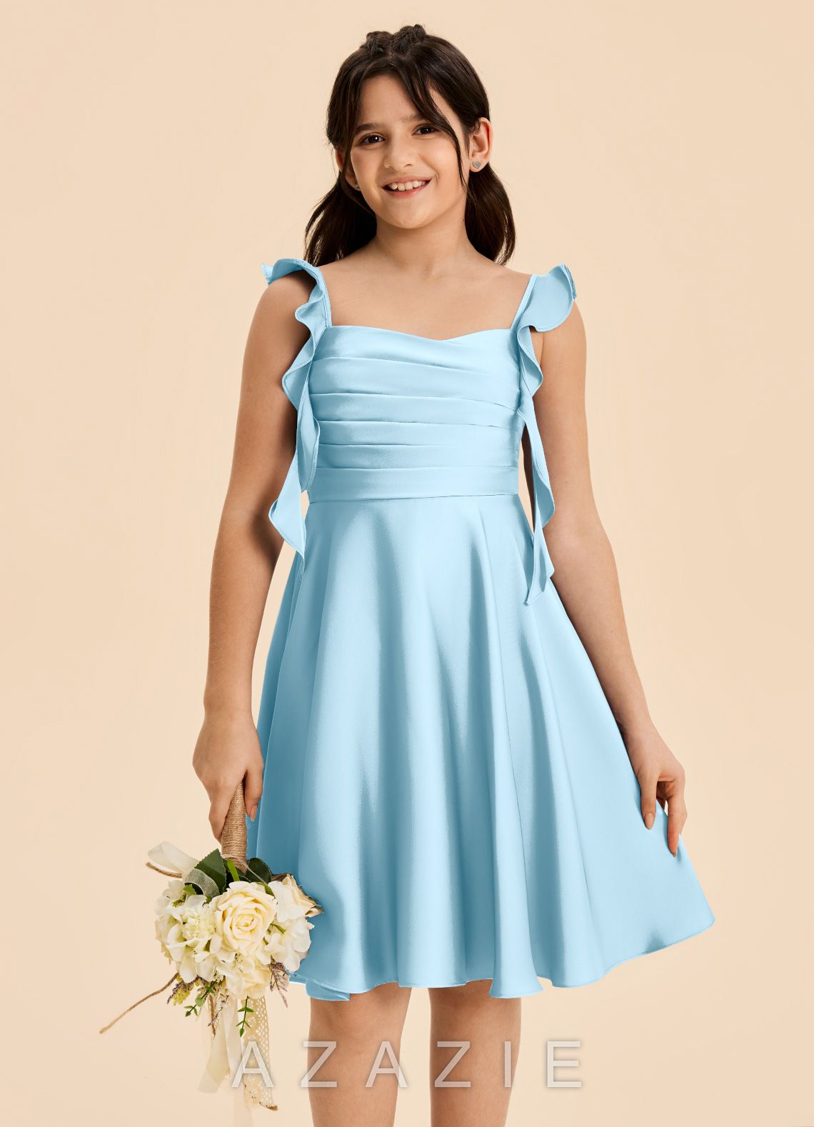 Azazie Kira Junior Sky Blue A-Line Ruched Stretch Satin Dress sky_blue