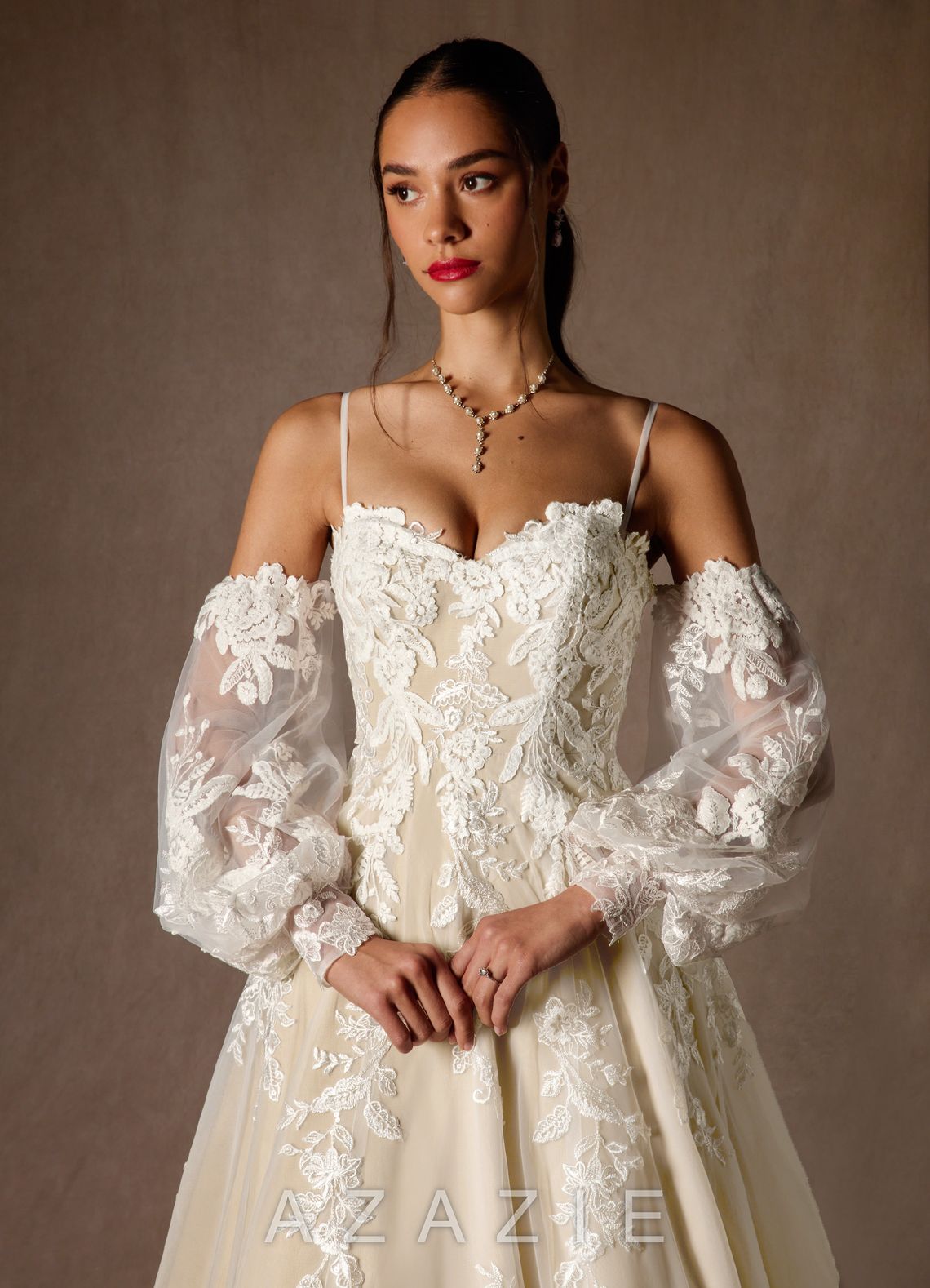 Azazie Madeleine Diamond White Champagne Ball-Gown Strapless Lace Dress