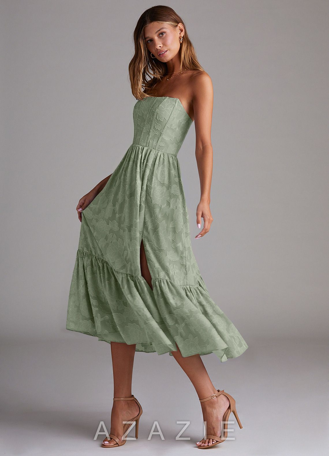 Azazie Delphina Agave A-Line Strapless Floral Burnout Convertible Dress agave