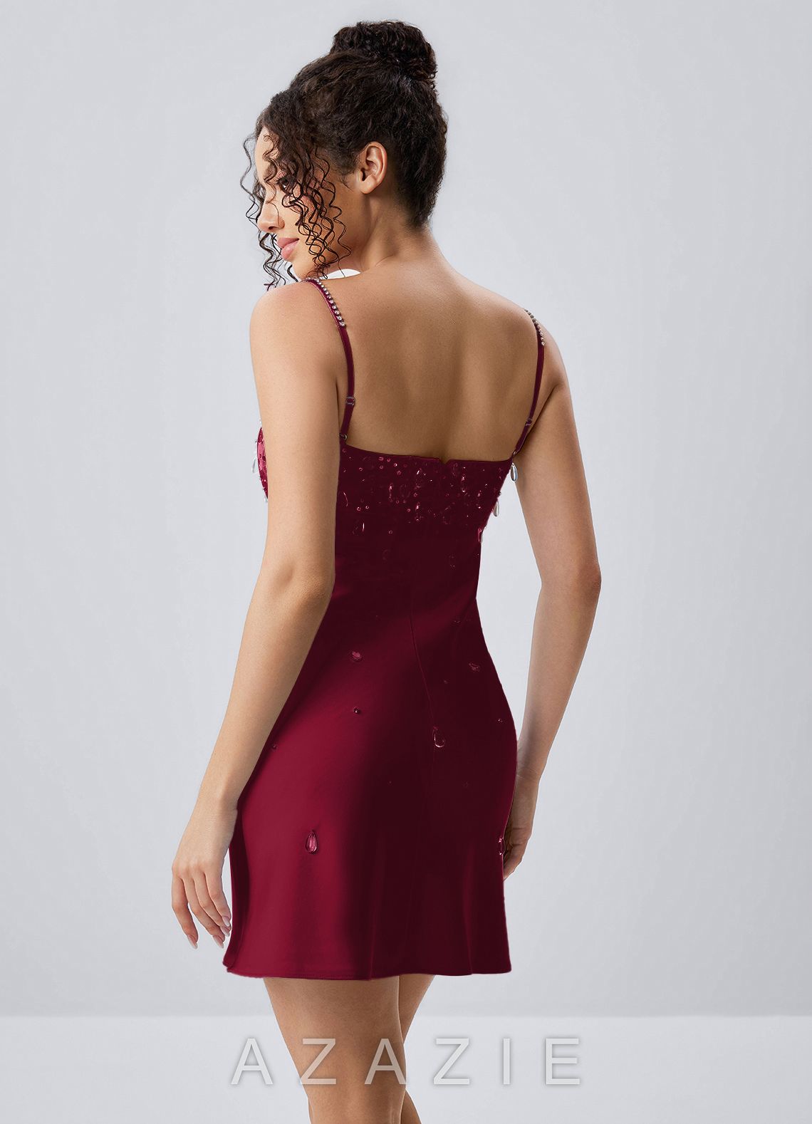 Lindrosa Merlot Rhinestone Beading Sequin Embroidery Satin Mini Dress