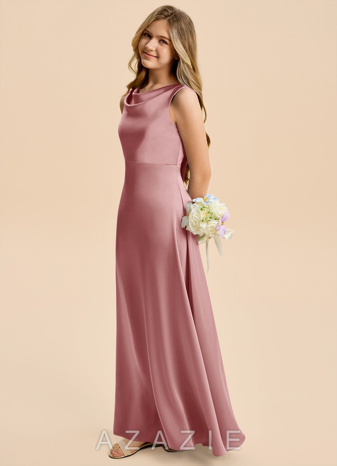 Azazie Kiki Junior Dusty Rose A-Line Bow Stretch Satin Dress dusty_rose