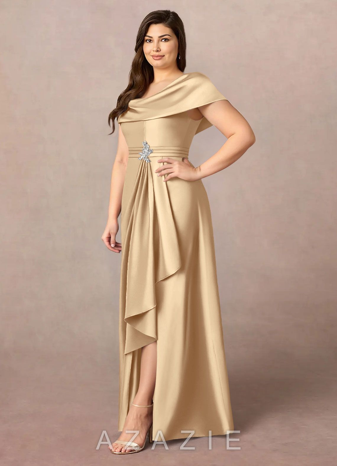 Azazie Branford Champagne A-Line Pleated Stretch Satin Dress champagne