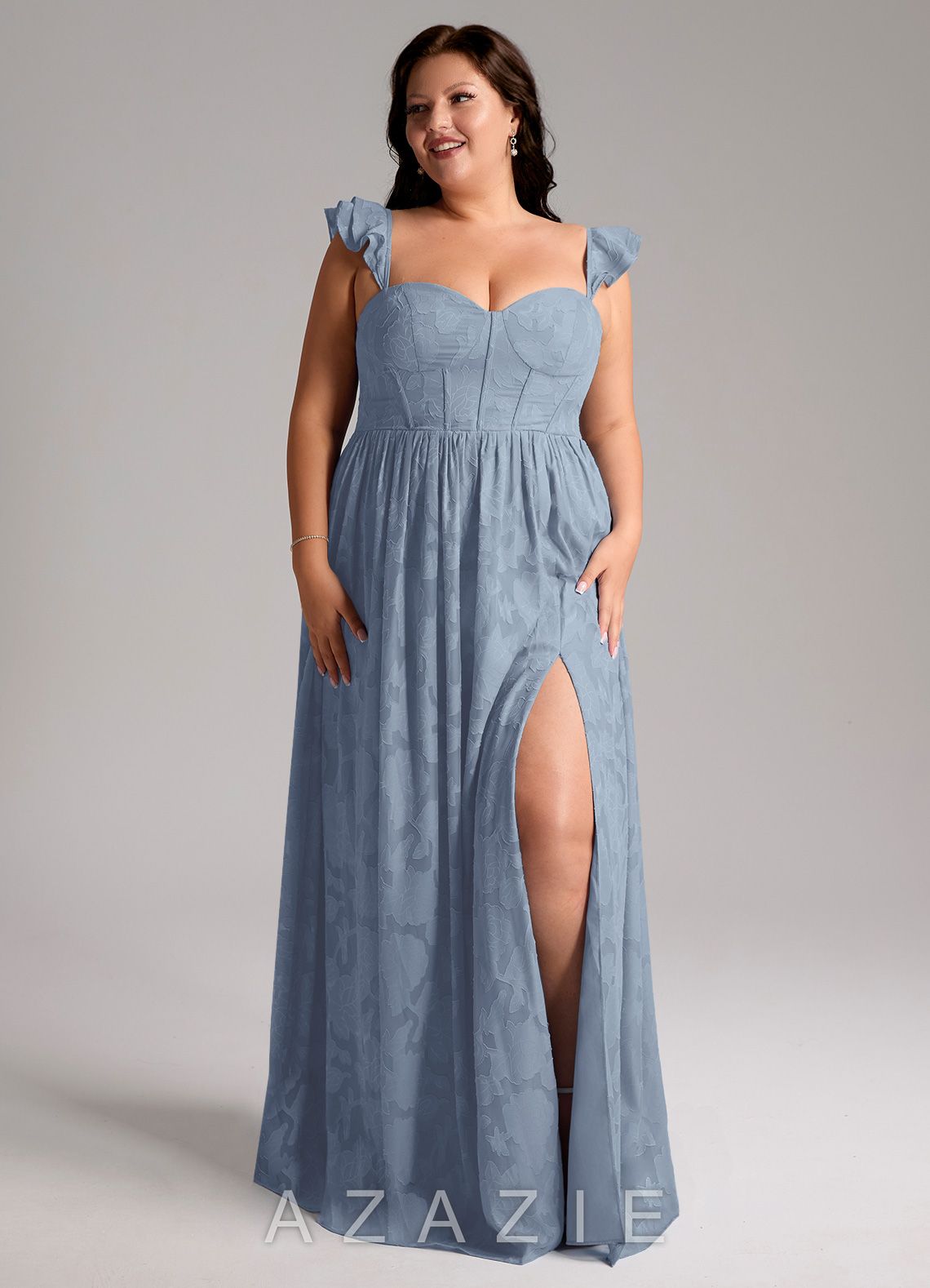 Azazie Denisse Dusty Blue A-Line Ruched Floral Burnout Dress dusty_blue