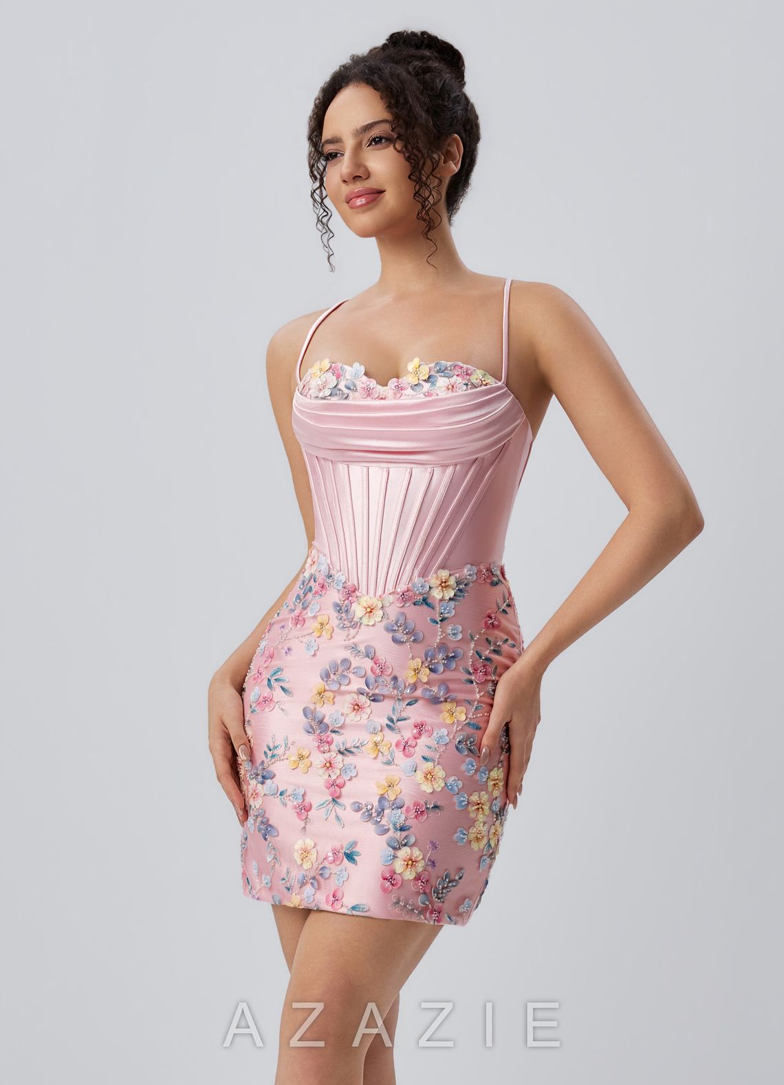 Ophelianna Blushing Pink multi-colored 3D Flowers Beading Stretch Satin Mini Dre