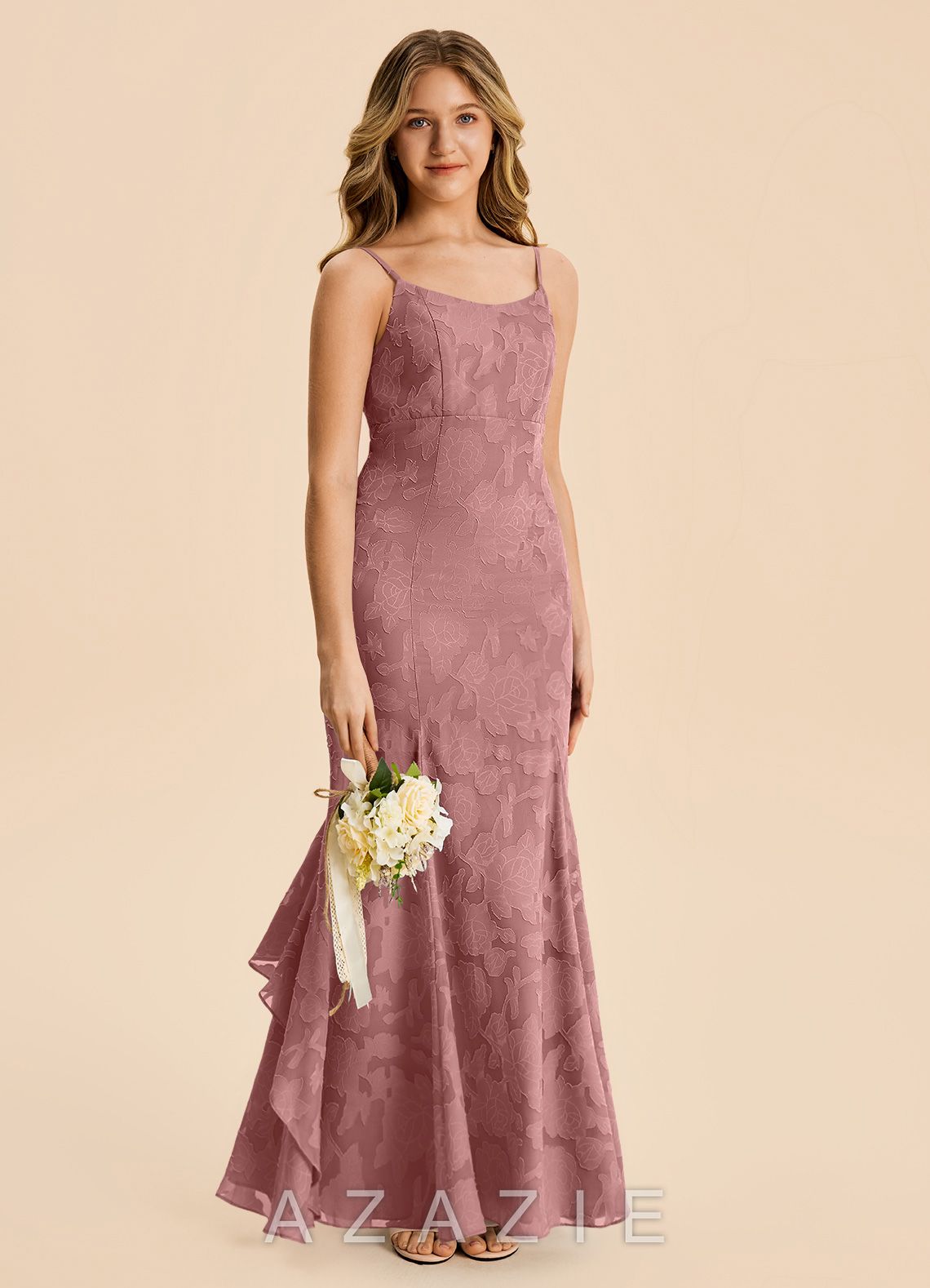 Azazie Lioren Junior Dusty Rose Mermaid Ruched Floral Burnout Dress dusty_rose