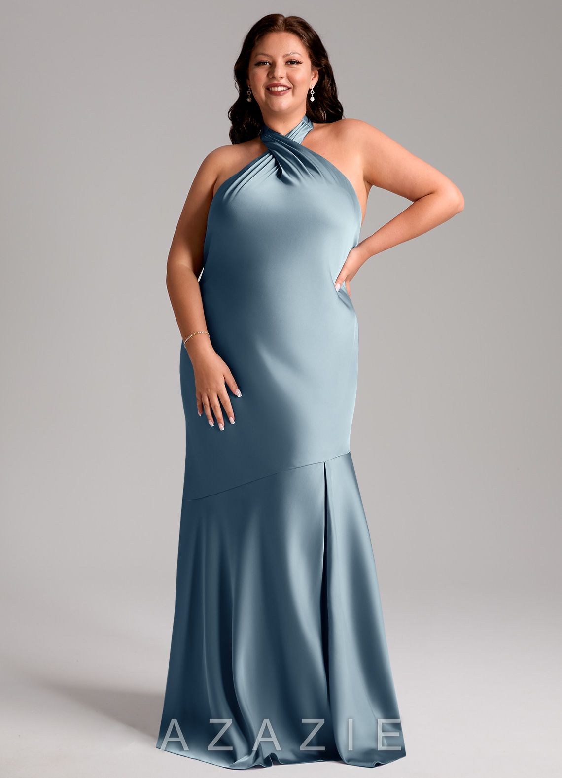 Azazie Lorena Dusty Blue Mermaid Pleated Stretch Satin Dress dusty_blue