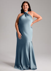 Azazie Lorena Dusty Blue Mermaid Pleated Stretch Satin Dress dusty_blue