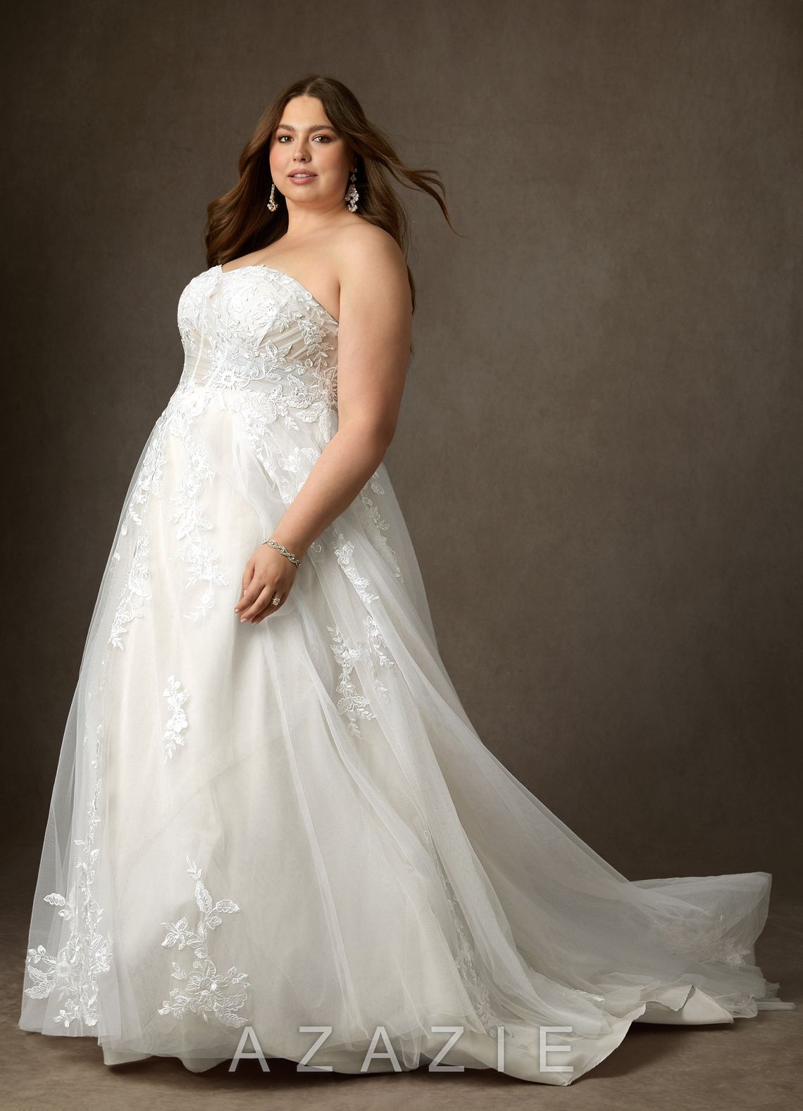 Azazie Keri Diamond White Ball-Gown Strapless Lace Dress diamond_white