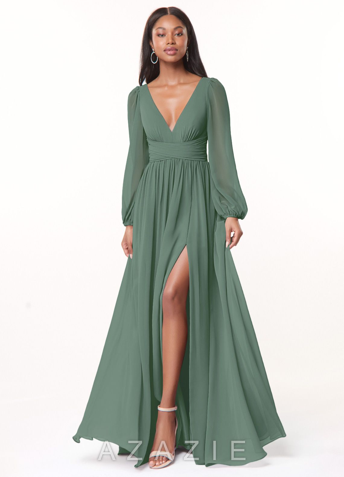 Azazie Norah Eucalyptus A-Line V-Neck Long Sleeve Chiffon Dress