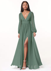 Azazie Norah Eucalyptus A-Line V-Neck Long Sleeve Chiffon Dress