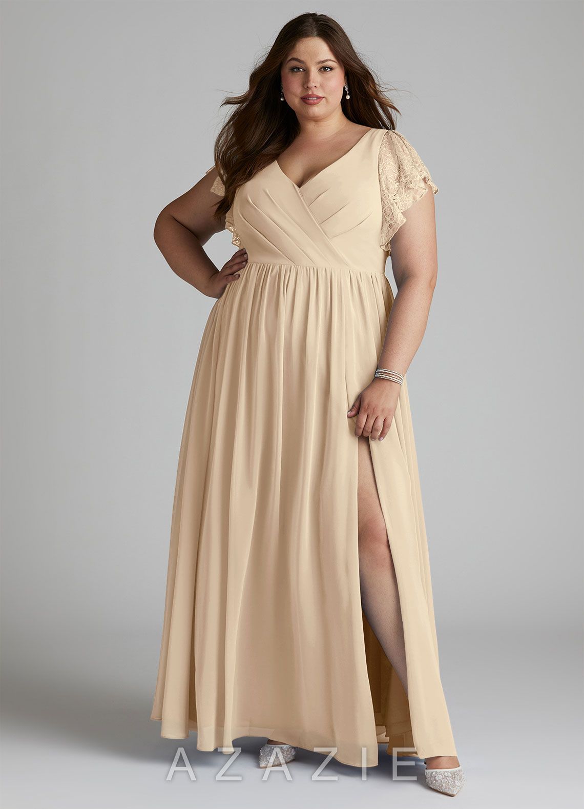 Azazie Zella Champagne A-Line Lace Chiffon Dress champagne