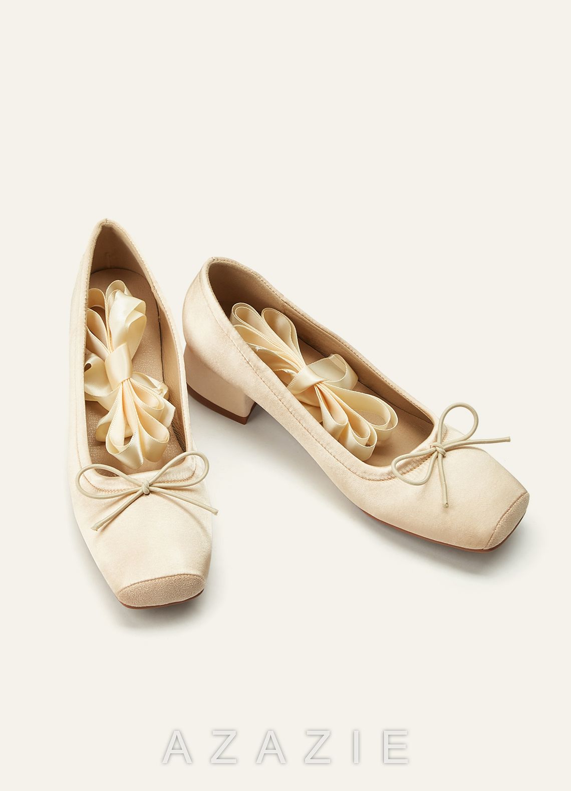 Ballet-Inspired Satin Mary Jane Heels with Detachable Ribbon & Chunky Block Heel  champagne