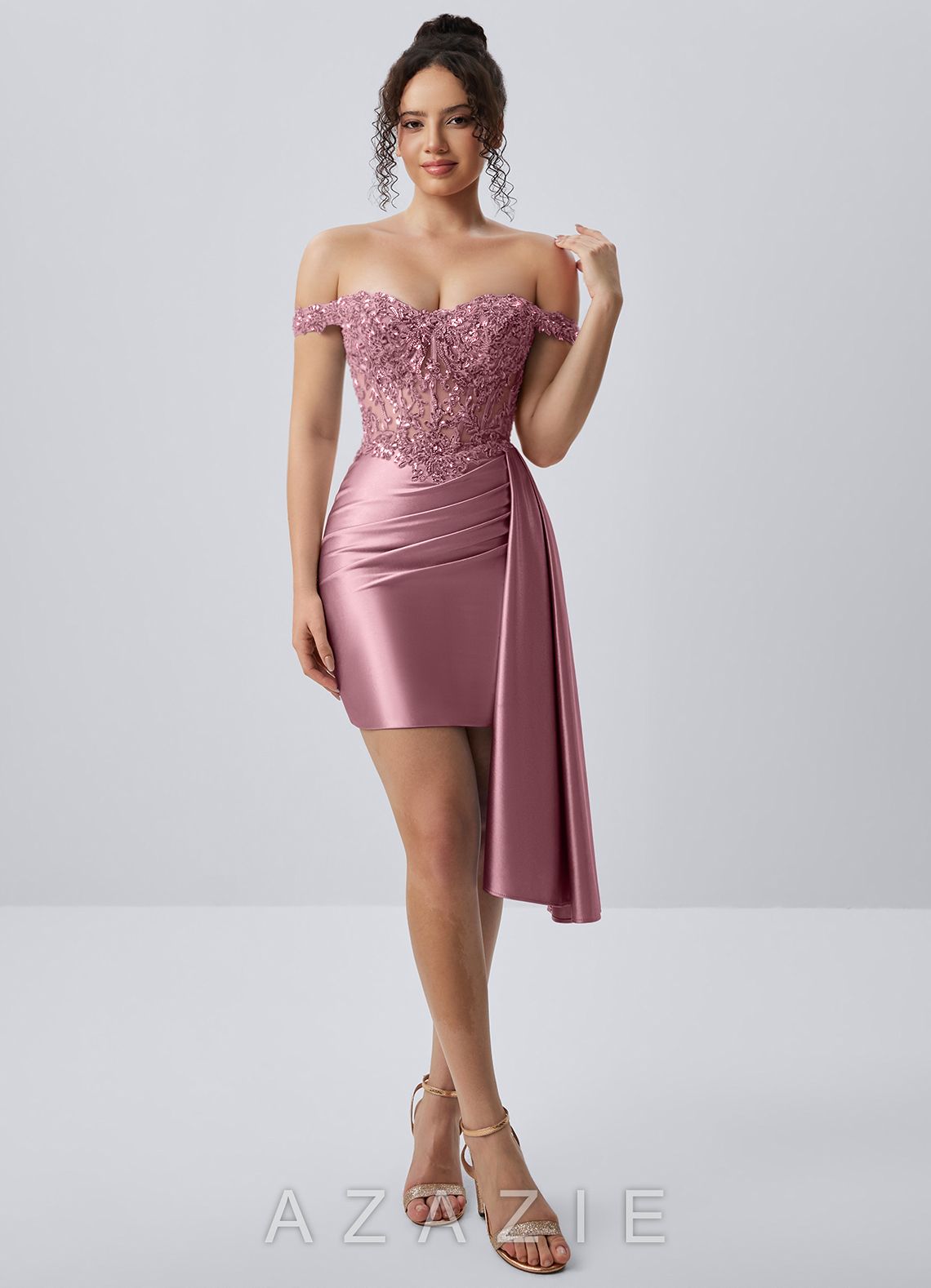 Oralien Dusty Pink Beading Sequin Embroidery Stretch Satin Ruffles Corset Lace-U