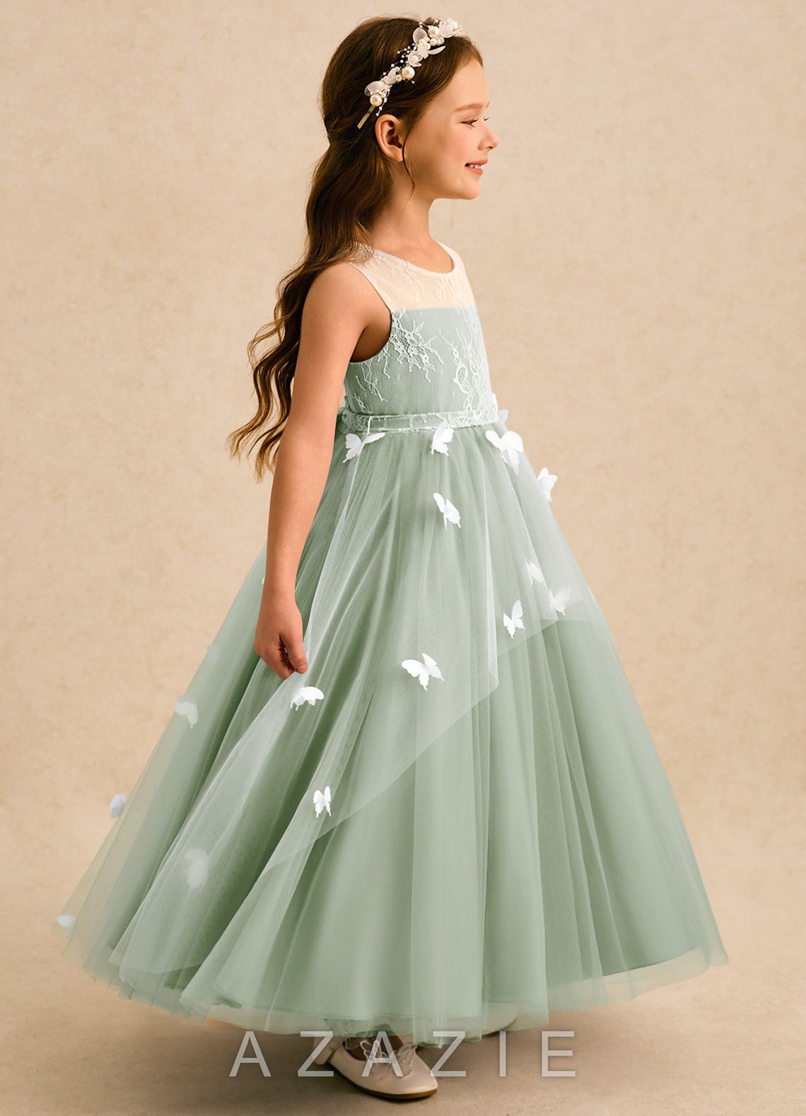 Azazie Mariposa Dusty Sage Ball-Gown Lace Tulle Dress