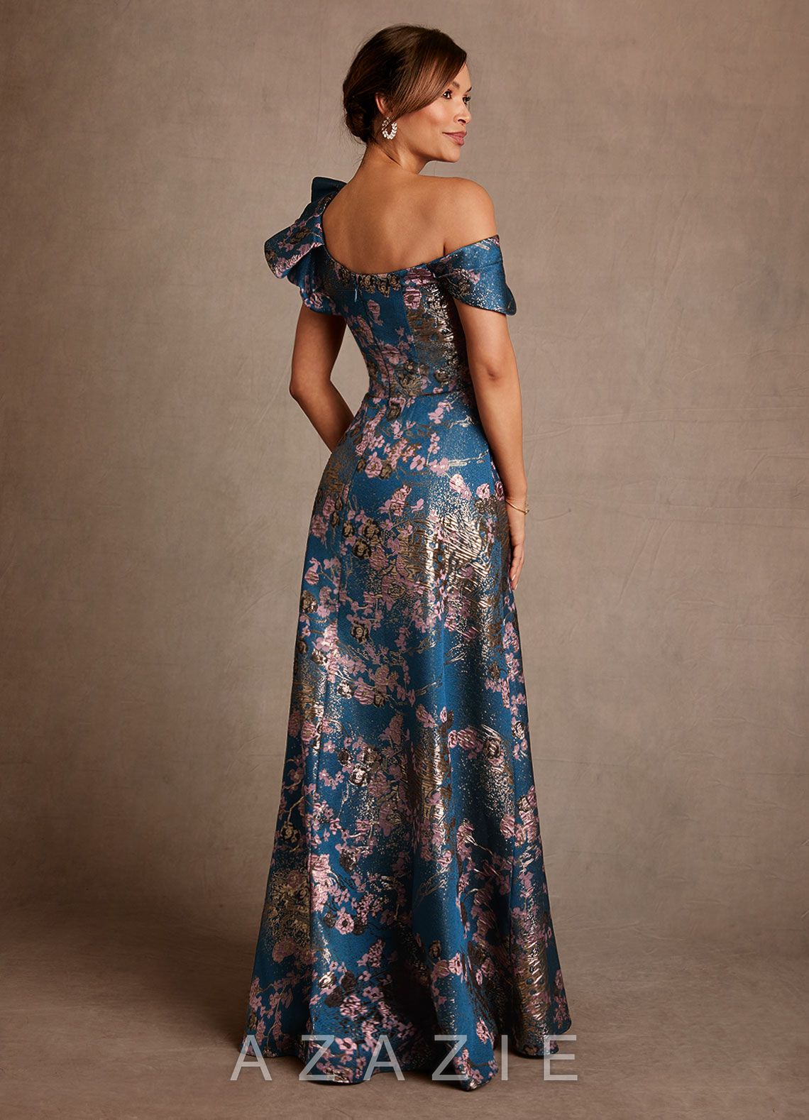 Azazie Des Moines Teal Floral A-Line One Shoulder Floral Jacquard Dress teal_floral