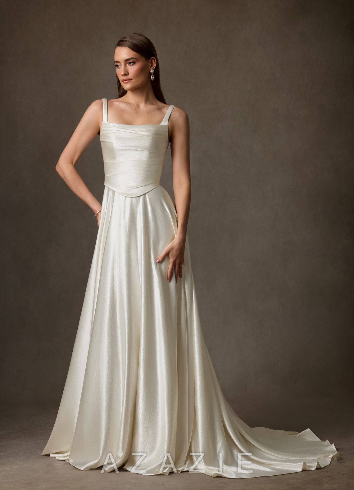 Azazie Samira Antique White A-Line Square Neckline Charmeuse Dress