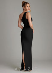 Azazie Shanice Black Sheath One Shoulder Premium Stretch Jersey Dress black