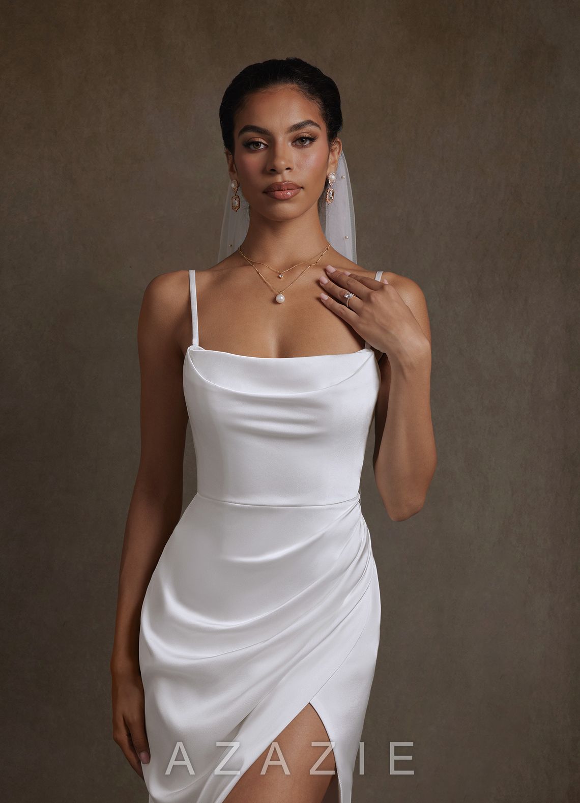 Azazie Katiya Diamond White Sheath Cowl Neckline Pleated Stretch Satin Dress diamond_white