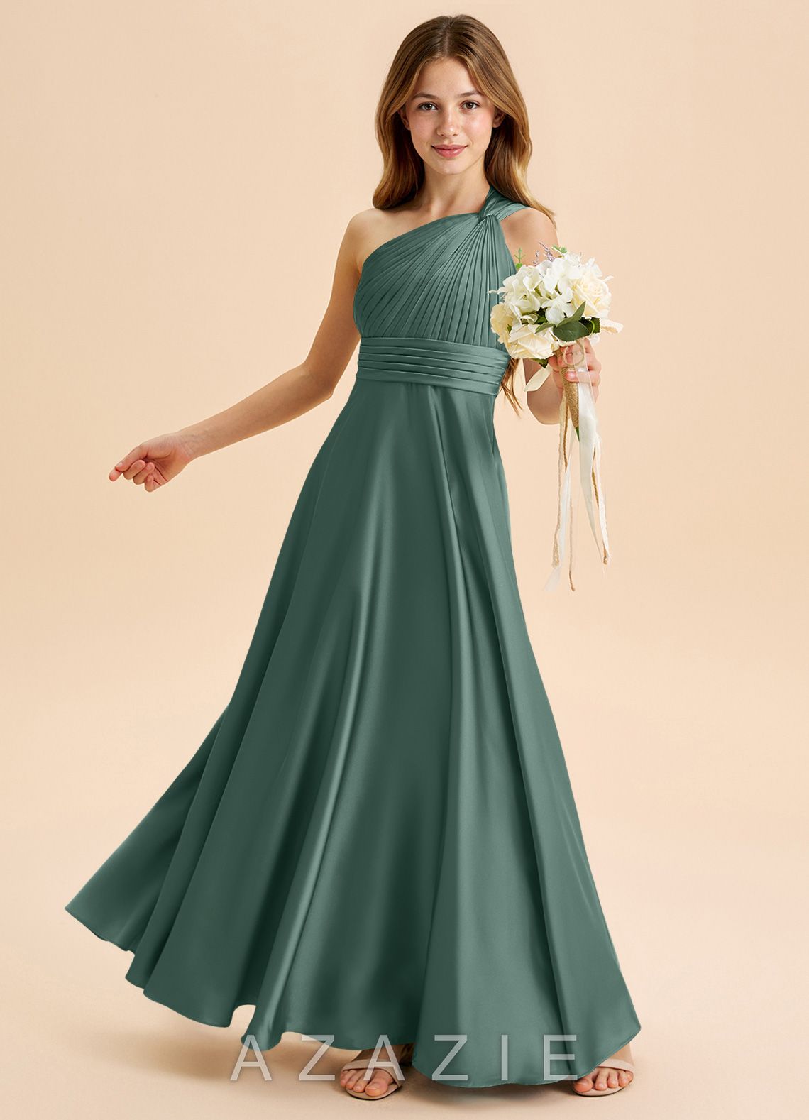 Azazie Charlize Junior Eucalyptus A-Line Pleated Stretch Satin Dress eucalyptus