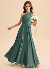 Azazie Charlize Junior Eucalyptus A-Line Pleated Stretch Satin Dress eucalyptus