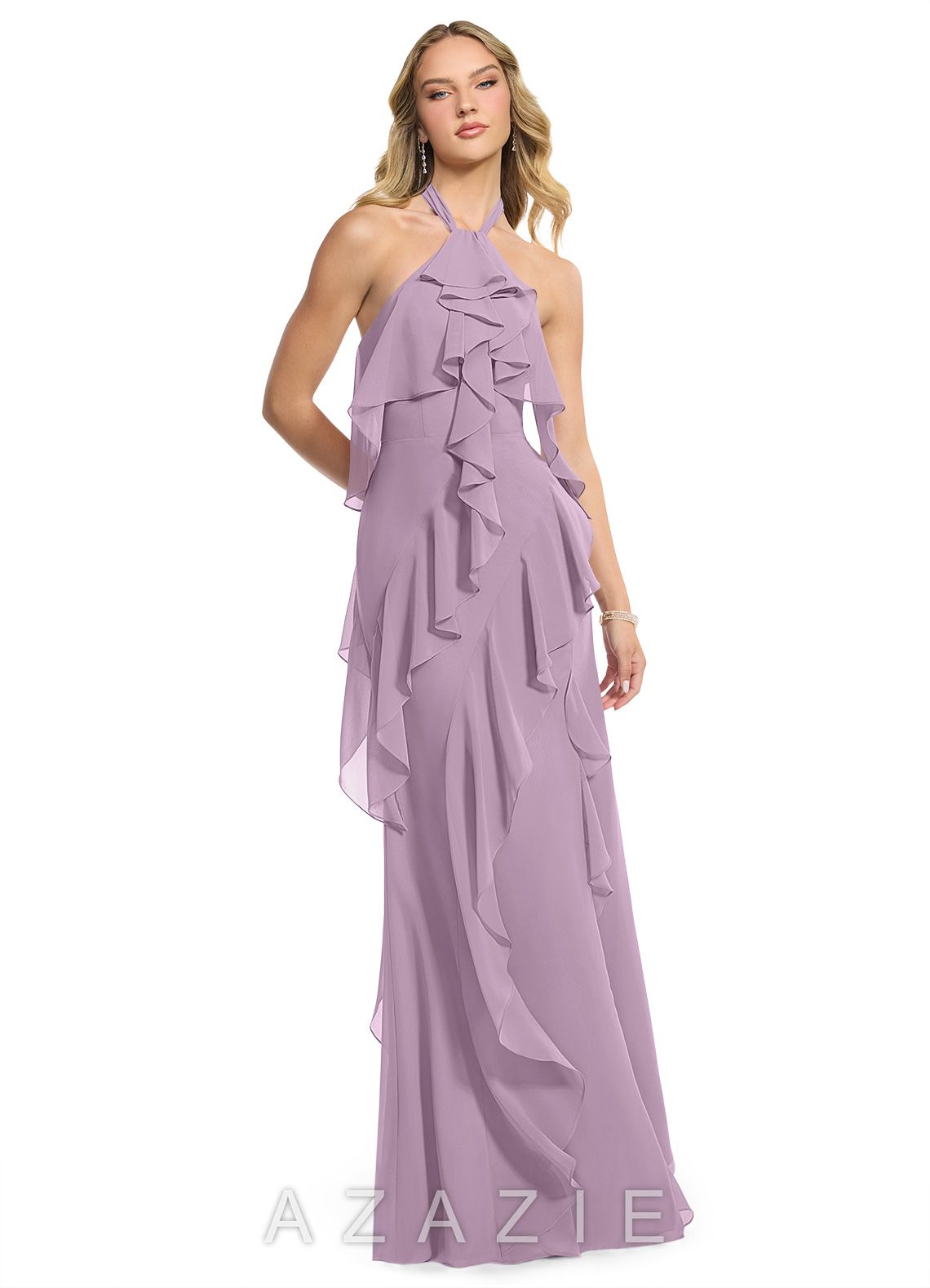 Azazie Velma Wisteria A-Line Side Slit Chiffon Dress wisteria